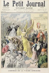 Titelblatt, das die Prozession der verrückten Kuh zeigt, Mitte der Fastenzeit in Montmartre, Illustration aus der illustrierten Beilage von Le Petit Journal, 22. März 1896